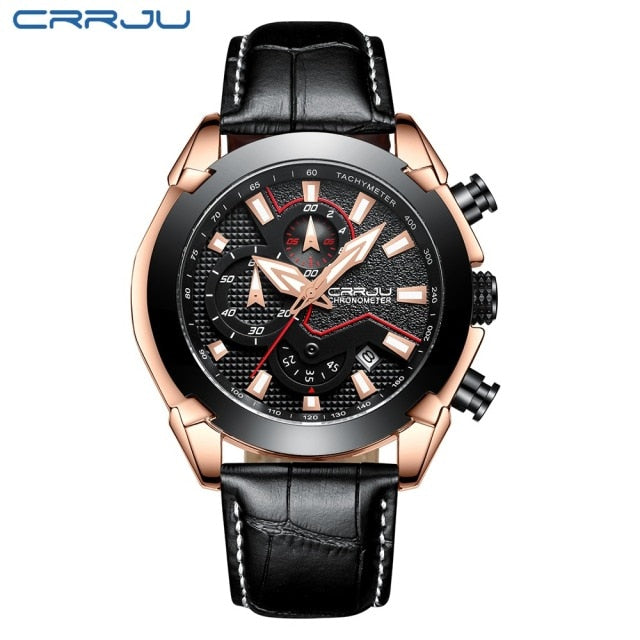 CRRJU New Fashion watches Luxury Calander Business Watch Mens Chronograph Sport Leather Watches Men's Luminous Quartz watch