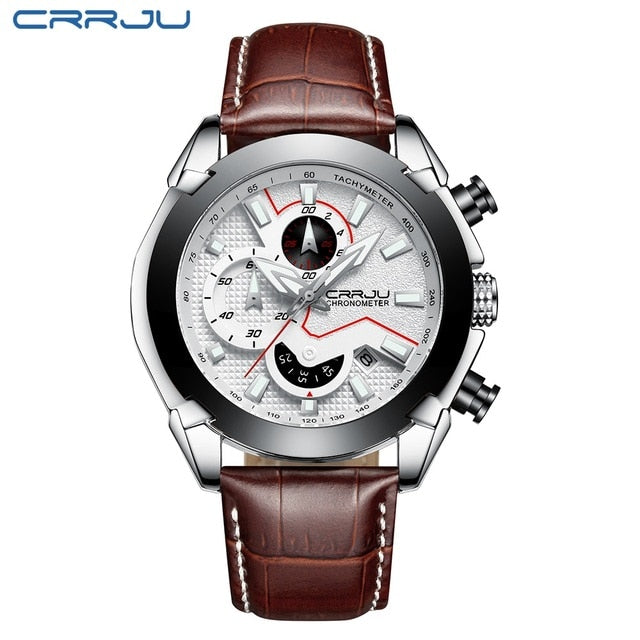 CRRJU New Fashion watches Luxury Calander Business Watch Mens Chronograph Sport Leather Watches Men's Luminous Quartz watch