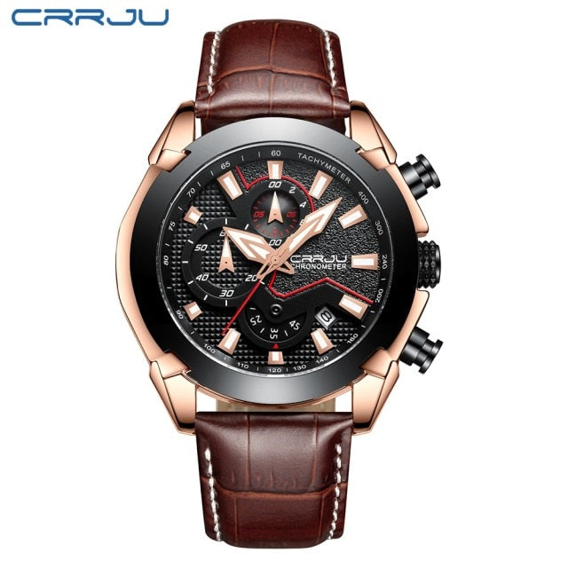 CRRJU New Fashion watches Luxury Calander Business Watch Mens Chronograph Sport Leather Watches Men's Luminous Quartz watch