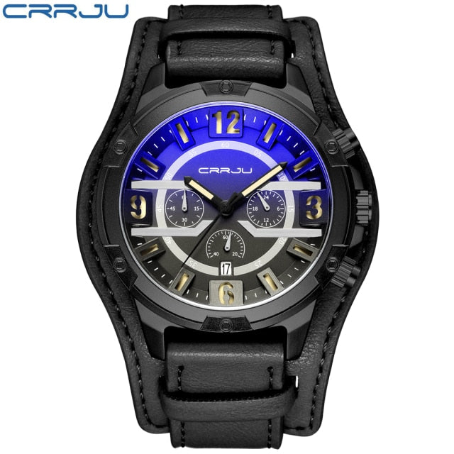 CRRJU New Fashion watches Luxury Calander Business Watch Mens Chronograph Sport Leather Watches Men's Luminous Quartz watch