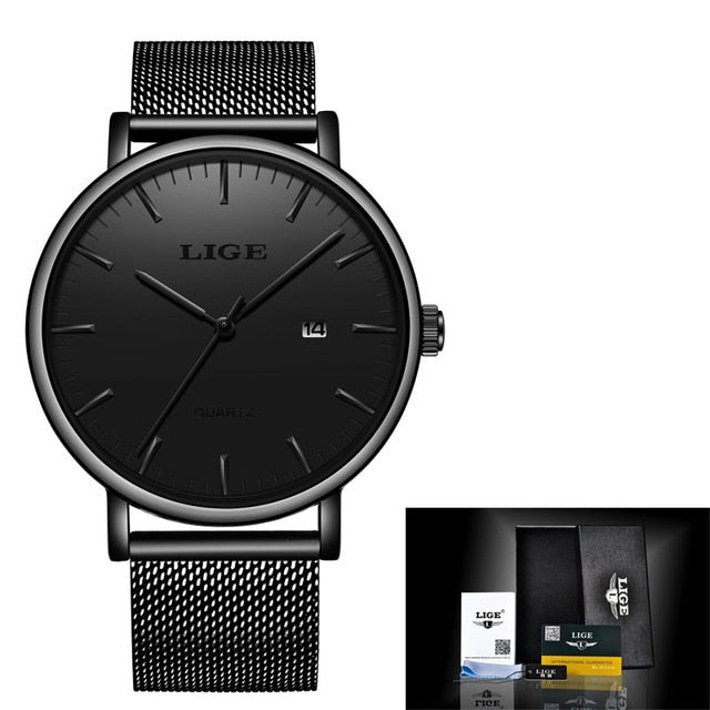 Relogio Masculino 2021 LIGE Fashion Casual Mens Watches top Luxury Ultra Thin Waterproof Stainless Steel Mesh Band Quartz Watch