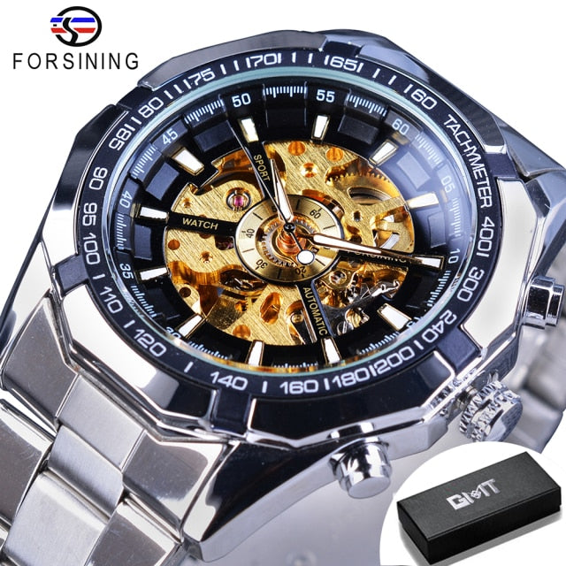 Forsining 2021 Stainless Steel Waterproof Mens Skeleton Watches Top Brand Luxury Transparent Mechanical Sport Male Wrist Watches