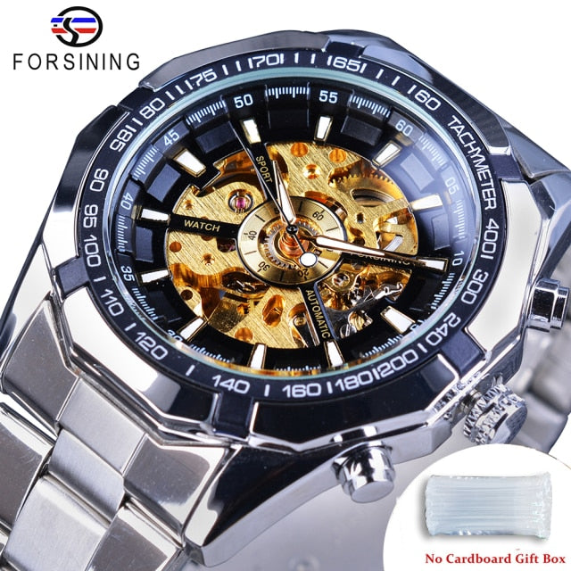 Forsining 2021 Stainless Steel Waterproof Mens Skeleton Watches Top Brand Luxury Transparent Mechanical Sport Male Wrist Watches