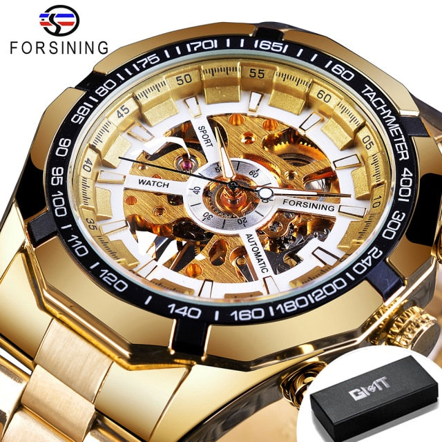 Forsining 2021 Stainless Steel Waterproof Mens Skeleton Watches Top Brand Luxury Transparent Mechanical Sport Male Wrist Watches