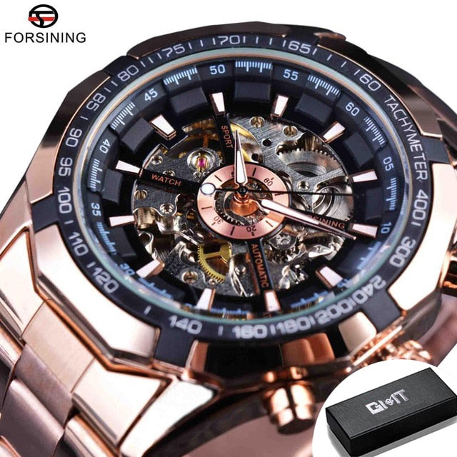 Forsining 2021 Stainless Steel Waterproof Mens Skeleton Watches Top Brand Luxury Transparent Mechanical Sport Male Wrist Watches