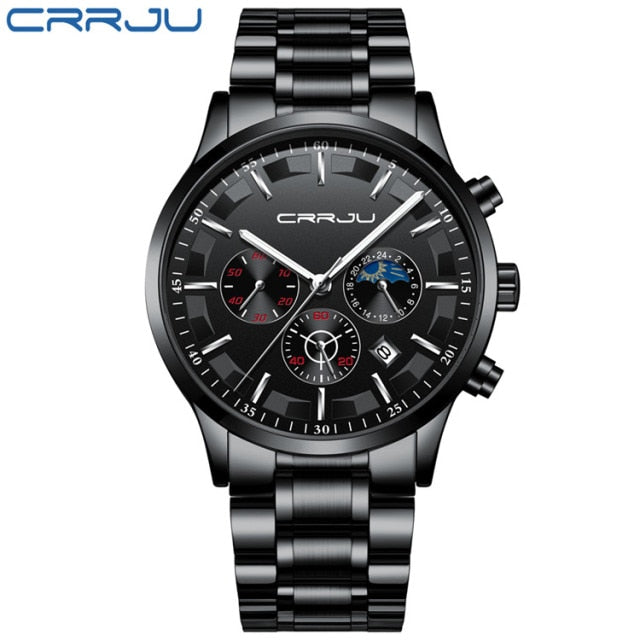 CRRJU Mens Watches Top Brand Luxury Fashion Business Quartz Watch Men Sport Full Steel Waterproof Black Clock Relogio Masculino