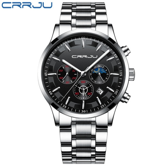 CRRJU Mens Watches Top Brand Luxury Fashion Business Quartz Watch Men Sport Full Steel Waterproof Black Clock Relogio Masculino