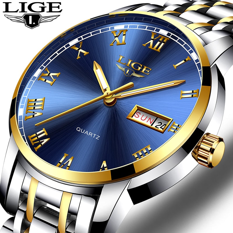 LIGE Luxury Brand Men Stainless Steel Gold Watch Men's Quartz Clock Man Sports Waterproof Wrist Watches relogio masculino+Box