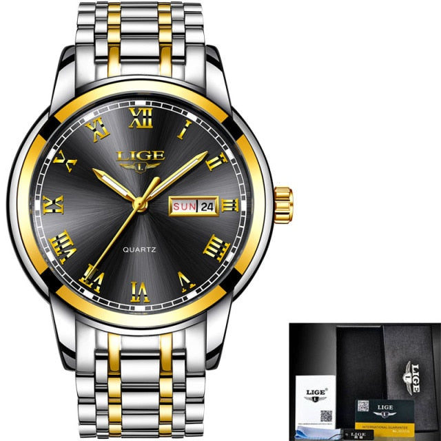 LIGE Luxury Brand Men Stainless Steel Gold Watch Men's Quartz Clock Man Sports Waterproof Wrist Watches relogio masculino+Box